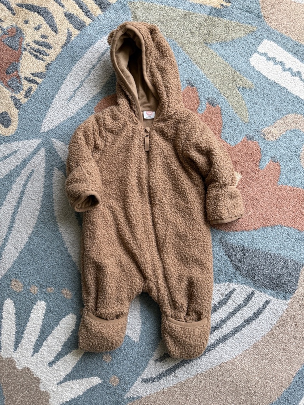 Plush Hooded Baby One-Piece Footie in Tan